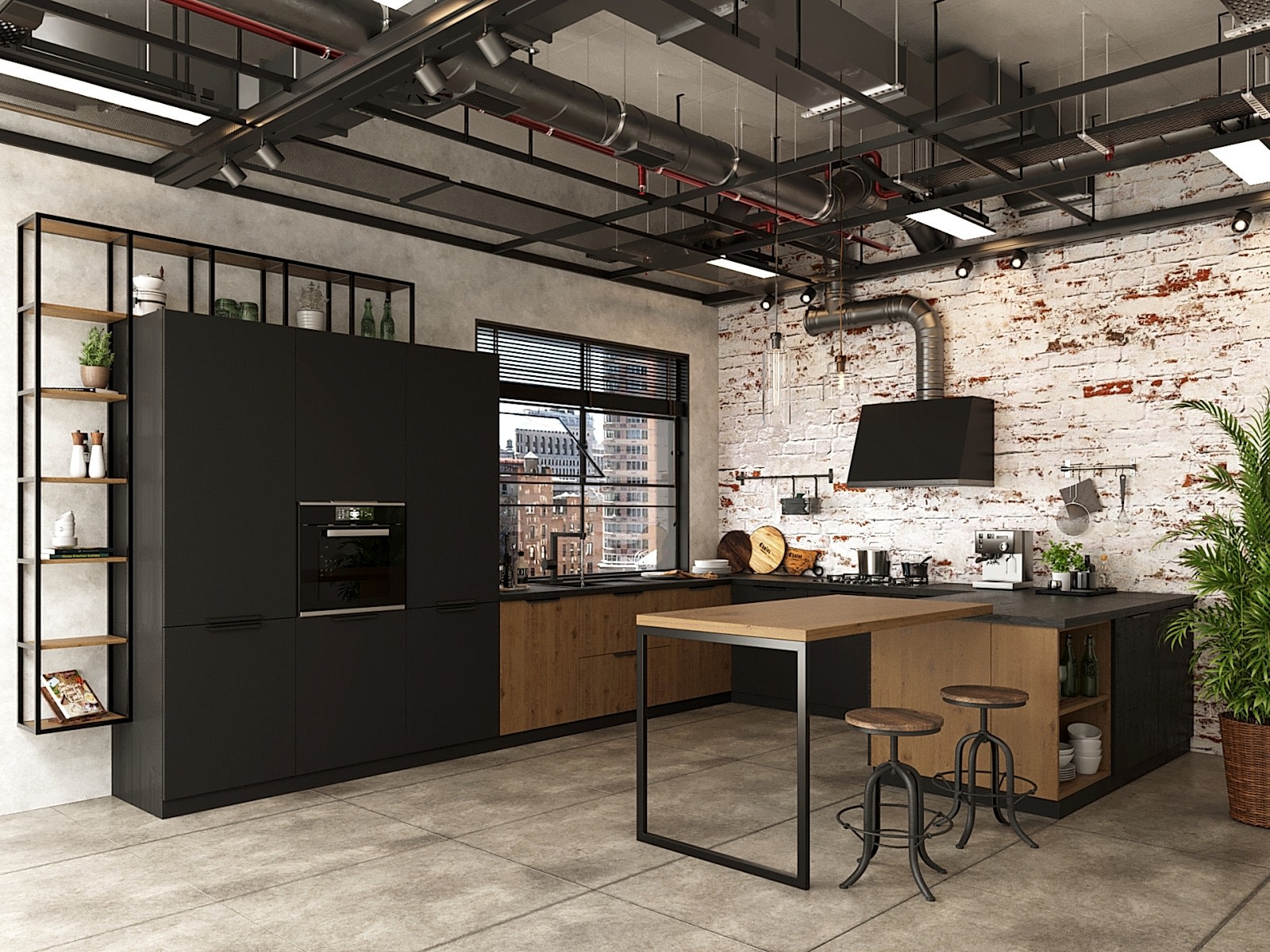 Кухня лофт с деревянными фасадами и темной гаммой - фото - 3