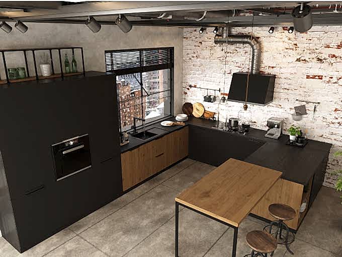 Кухня лофт с деревянными фасадами и темной гаммой - фото - 1