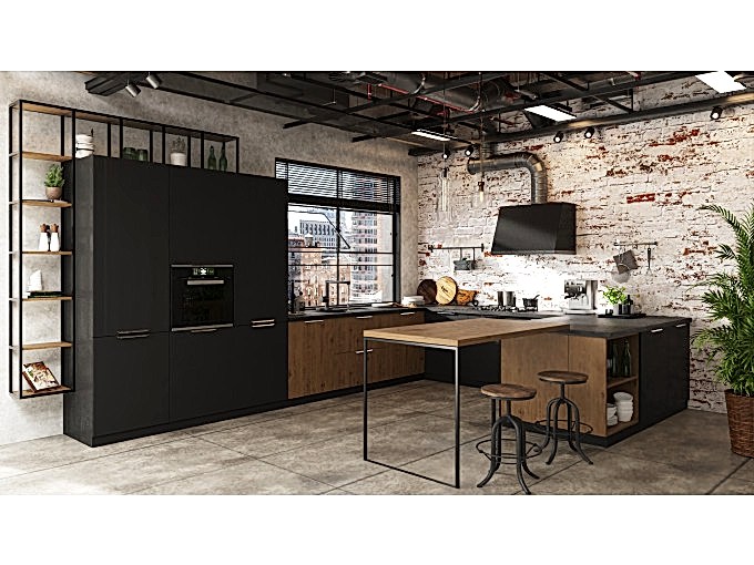 Кухня лофт с деревянными фасадами и темной гаммой - фото - 2
