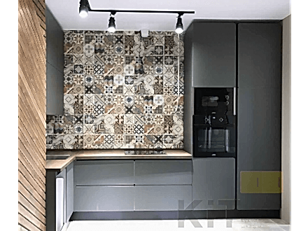 Угловая кухня без ручек в стиле лофт с двойным пеналом для встроенной техники - фото - 2