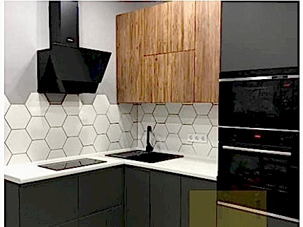 Угловая, небольшая кухня в модном сочетании цветов дерева+бетон - фото - 2